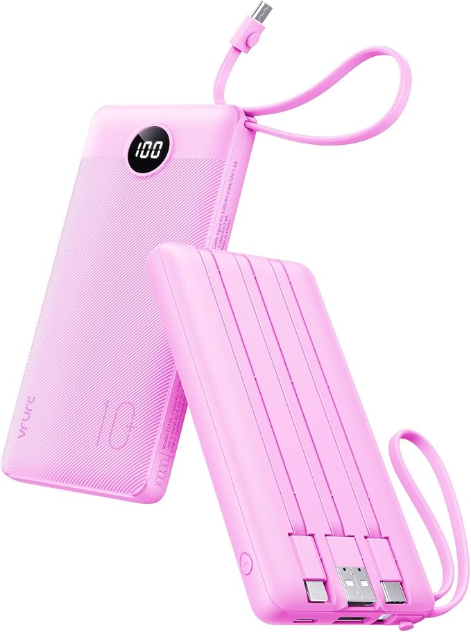 VRURC Portable Charger, Built-in 4 Cables Power Bank 10000mAh, Lightweight USB C Portable Phone Charger, 5 Output 2 Input Compatible with Smart Phones,Samsung,Android etc-Purple(1 Pack) by Home