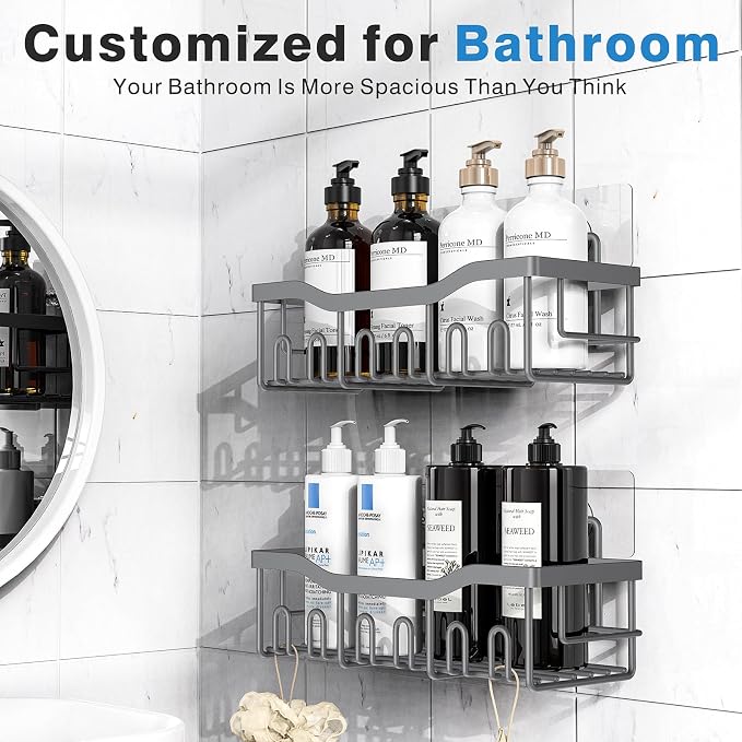 EUDELE Shower Caddy 2 Pack, Adhesive Shower Organizer for Home Decor & Kitchen Storage, No Drilling, Rustproof Stainless Steel Bathroom Shelf Organizer - Image 2