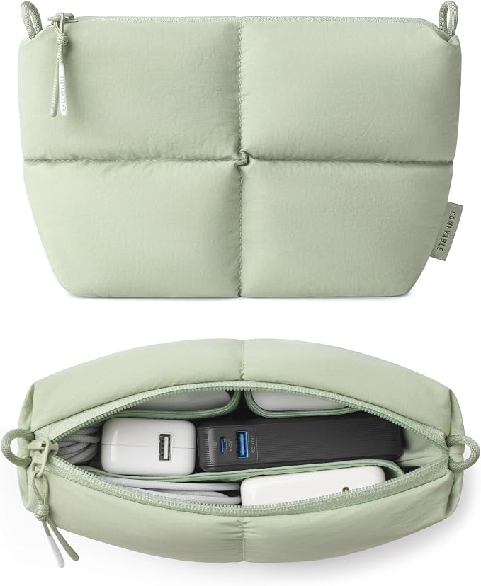 Comfyable Puffy Electronics Organizer Travel Case, Cute Tech Pouch for Women Men, Cable Storage Bag for Charger, Phone, Power Bank, Cord, Compact Tech Accessories Pouch, Sage by Comfyable