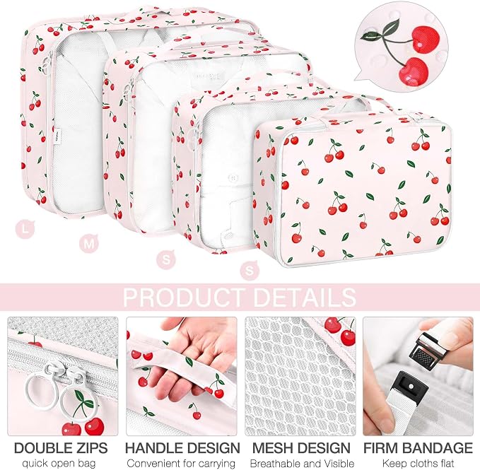 KPX 8 Set Packing Cubes for Travel, Luggage Packing Organizers Accessories Large Toiletries Bag for Clothes Shoes Cosmetics (Cherry) - Image 3