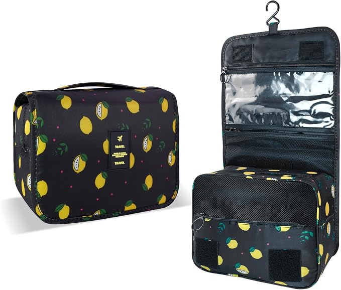 Lcsmaokin Large Capacity Toiletry Bag Travel Bag with Hanging Hook for Men and Women Waterproof Travel Cosmetic Bag Bathroom Storage Bag for Brushes Set,Full-Sized Shampoo,Accessories-Black Lemon - Image 2