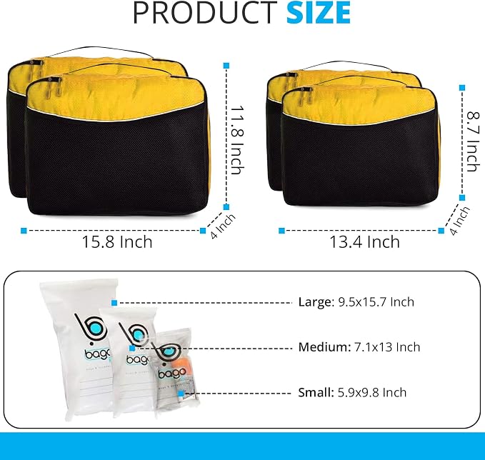 bago 7 Pcs Packing Cubes for Suitcases - 4 Travel Cubes with 3 ZipLock Bags - Luggage Organizer Bags to Get Maximum Storage, Save Time & Effort to Pack - Happy Traveling (Yellow) - Image 2