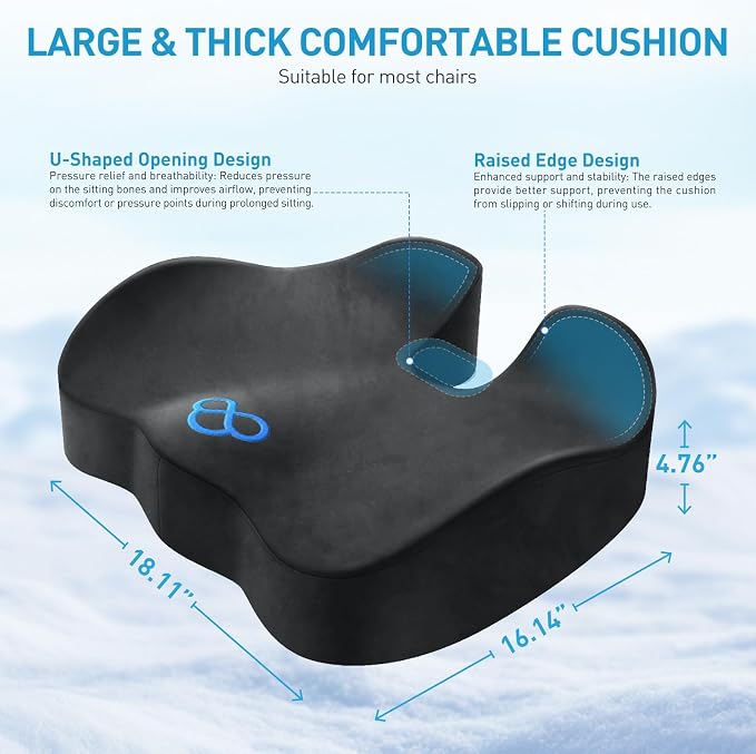BlissTrends Memory Foam Seat Cushion for Office Chair & Car Seat, Grey | 4.7in Ergonomic Tailbone & Sciatica Support with Removable Velvet Cover for Pressure Relief and Long Sitting Comfort - Image 2