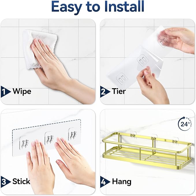 Shower Caddy Adhesive, Rustproof Shower Organizer with Soap Holder, Large Capacity Shower Shelves for Inside Shower, No Drilling Bathroom Organizers and Storage for Home Decor（3 Pack Gold） - Image 8