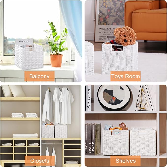 Wicker Storage Basket, Set of 2 Hand-Woven Wicker Baskets for Organizing, Foldable Cube Storage Basket Bins, 13 Inch Large Wicker Storage Baskets for Shelves & Decor, White (13''x13''x13'') - Image 6