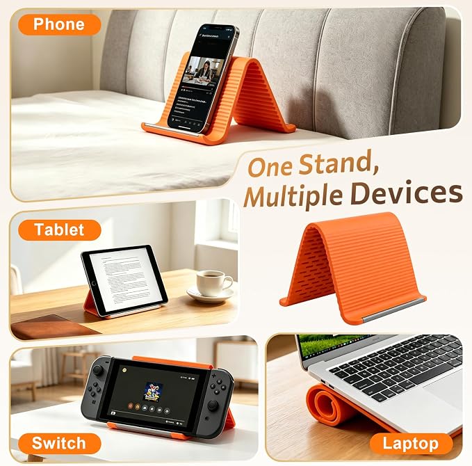 Flexible Silicone Phone Stand with Aluminum Core, Foldable Silicone Phone Holder for Cell Phones, Tablets & Small Devices, Adjustable Desktop & Airplane Phone Holder for Travel, Office & Home (Orange) - Image 3