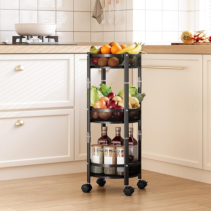 TOOLF 3 Tier Foldable Rolling Cart, Metal Utility Storage Cart, Black | Assembly-Free, Lockable Wheels, Round Trolley Organizer for Bathroom, Kitchen, Office, Dorm, Laundry, Craft Room - Image 7
