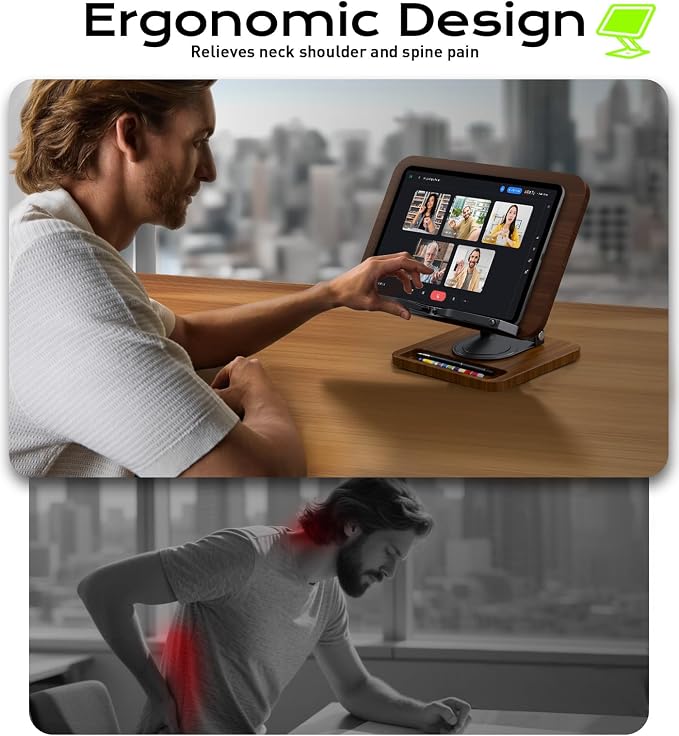 LOXP Ergonomic Book Stand for Reading, 360° Rotating Holder with Page Clip | Adjustable height angle, Storage Base, Hands-free, anti-slip, Fits tablets cookbooks magazines laptops, wood and metal - Image 3