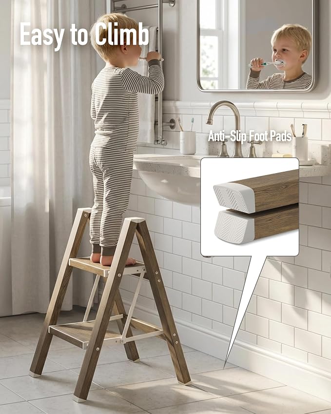 Mayi Plus 2 Step Stool Foldable, Aluminum, Lightweight Step Ladder | Extra-wide anti-slip folding steps with 330 lbs, for home,kitchen,office,outdoor,Cherry woodgrain - Image 7