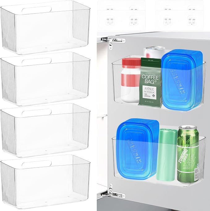 4 PCS Plastic Adhesive Mount Over Cabinet Door Organizer, Under Sink Door Storage Shelf Refrigerator Side Storage Box, Wall Organization Container for Kitchen Bathroom Office by BOUTICOL