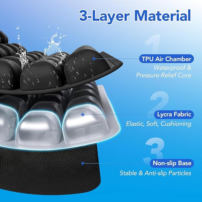 34 Air Cell Self-Inflating Seat Cushion, 3D Air Bubble Design for Tailbone Pain & Hemorrhoid Relief, Pressure Relief Cushion for Office Chair, Car, Wheelchair, Airplane Travel, Home (No Pump Needed) - Image 7