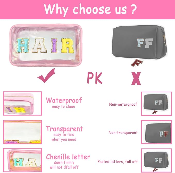 Bunliuys Chenille Letter Clear Makeup Bag Stuff Patch, Travel Toiletry Makeup Bag with Handle, Nylon Waterproof Makeup Bags clear cosmetic bag, preppy patch makeup bag for Women (STUFF-Hot Pink) - Image 4