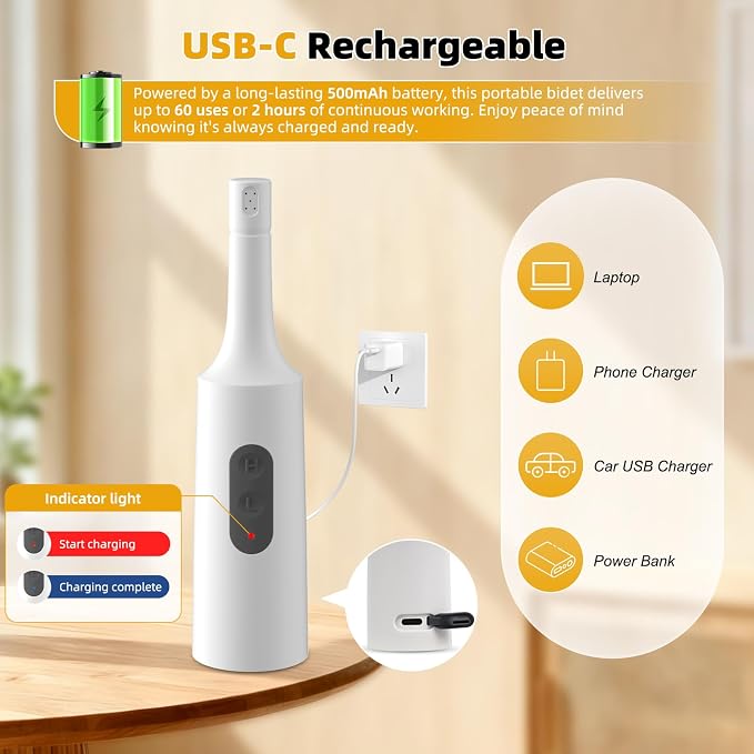 Hibbent 2 Pack Portable Bidet for Travel, High Pressure Electric Handheld Bidet Sprayer, 350-550ML Expandable Bottle for Personal Hygiene, USB-C Rechargeable Waterproof Sprayer for Women & Men, White - Image 6