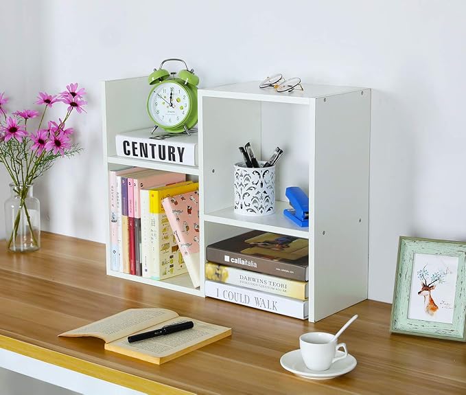 Desktop Shelf Freestanding Wooden Small Bookshelf Desk Supplies Organizers and Accessories Storage Display Rack Office Dorm Decor for Women, White - Image 2