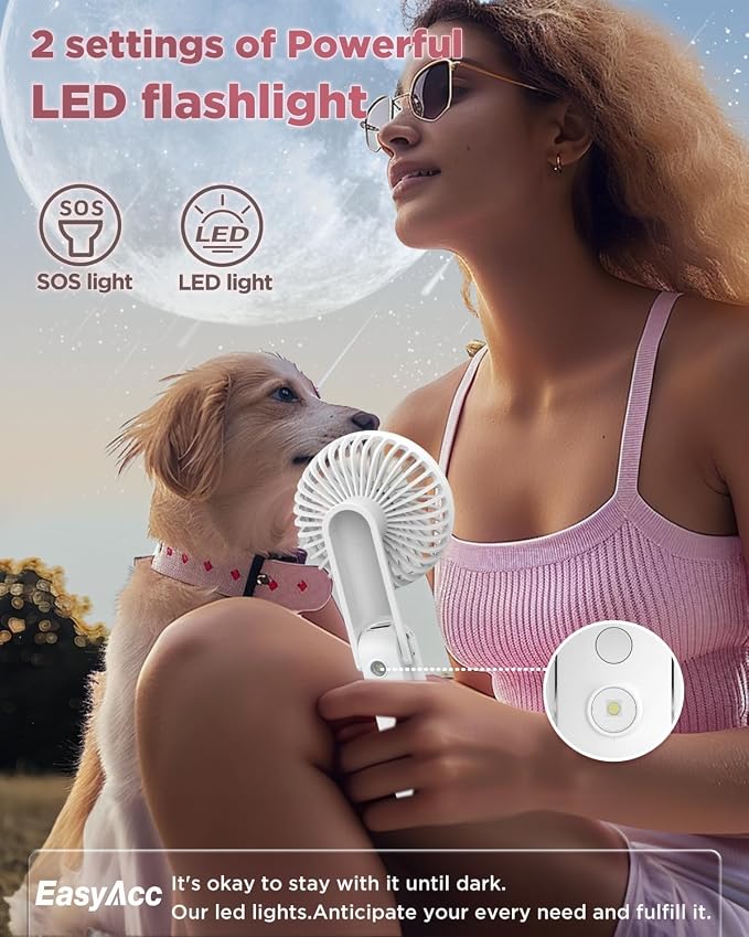 EasyAcc 3-in-1 Handheld Fan with 5000 Capacity Built-in Battery, Ultra-Quiet Powerful Portable Fan, 5 Speeds, Backup Power, SOS Light, Digital Display and Lanyard for Travel, White - Image 4