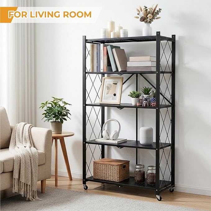 COKIHOM 5 Tier Foldable Storage Shelf with Wheels, Heavy Duty Metal Rolling Shelf Rack, No Assembly Wire Shelving Unit for Kitchen, Books, Living Room, Pantry, Garage, Office, Bedroom, Black - Image 3