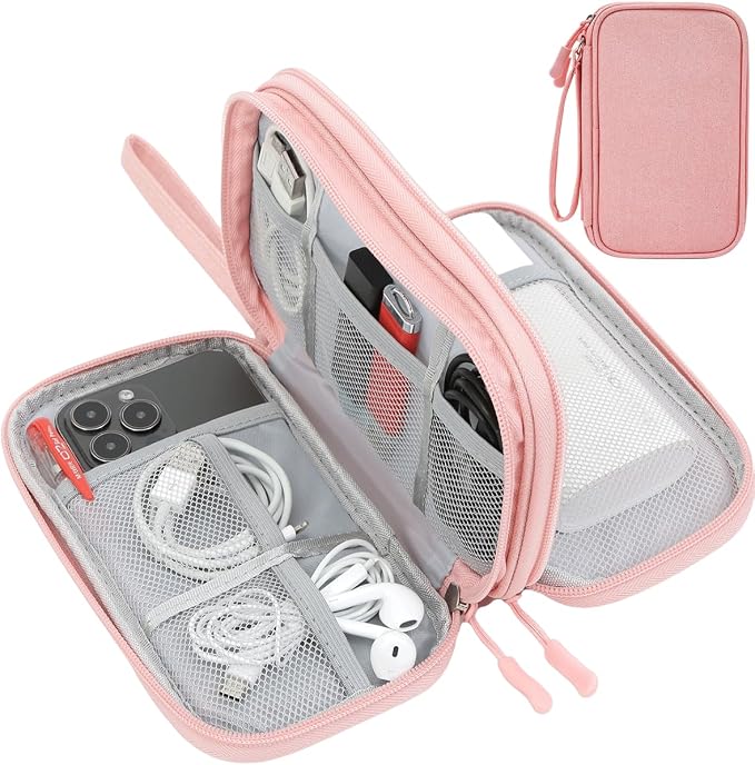 CAAORDKSO Electronic Cable Organizer Bag, Travel Electronic Accessories Carry Case Portable Waterproof Double Layers Storage Bag for Cable, Cord, Charger, Power Bank, Earphone (Light Pink, Medium) by Unknown