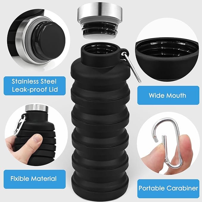 4 Pack Collapsible Water Bottles, 16oz Portable Reusable Silicone Water Bottle, Foldable Water Bottles for Travel Gym Camping Hiking, Leak Proof Sports Water Bottle with Carabiner (Bright Color) - Image 3