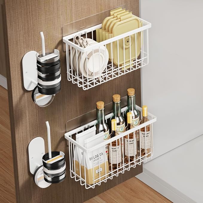 Mustorn 4 Pack Adhesive Cabinet Door Organizer, Lid Organizers Inside Cabinet Food Container/Tumbler Lid Organizer and Storage Cup Lids Holder for Kitchen & Bathroom Wall Mounted(White) by MUSTORN