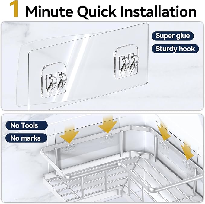 Corner Shower Caddy Adhesive, 100% Rustproof Shower Organizer, No Drill Shower Shelf for Inside Shower, Wall-Mounted Shower Storage for Homes (2 Pack, Silver) - Image 6