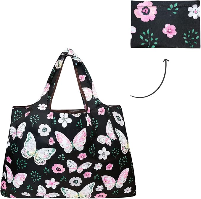 allydrew Large Foldable Tote Nylon Reusable Grocery Bags, Midnight Butterfly - Image 5