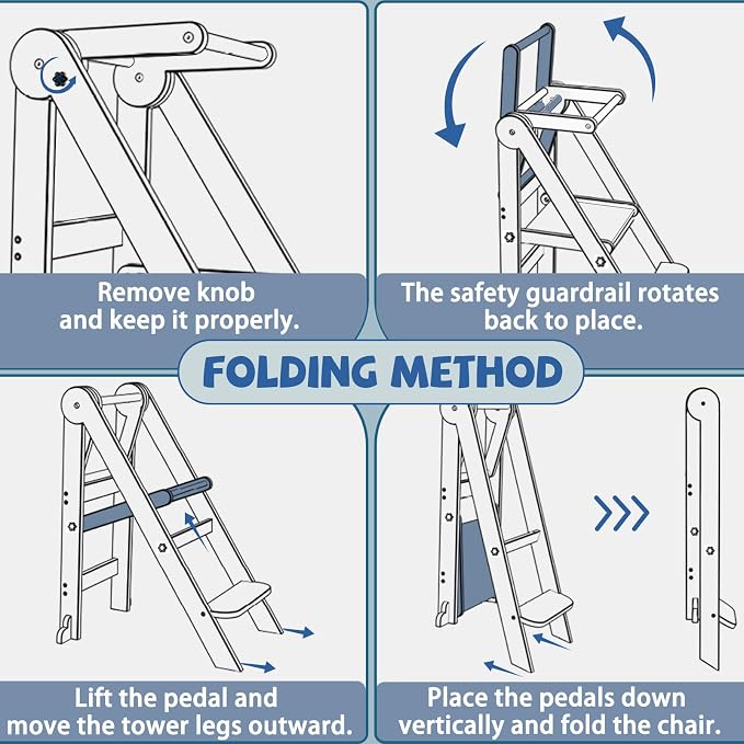 Foldable Toddler Kitchen Stool Helper with 3 Adjustable Heights,Aged 1-6 | CPSC Test,Wooden Collapsible Toddler Tower with Safety Rails&Feet,Wide Pedal,for Kitchen Cooking, Baking or Washing Hands - Image 6