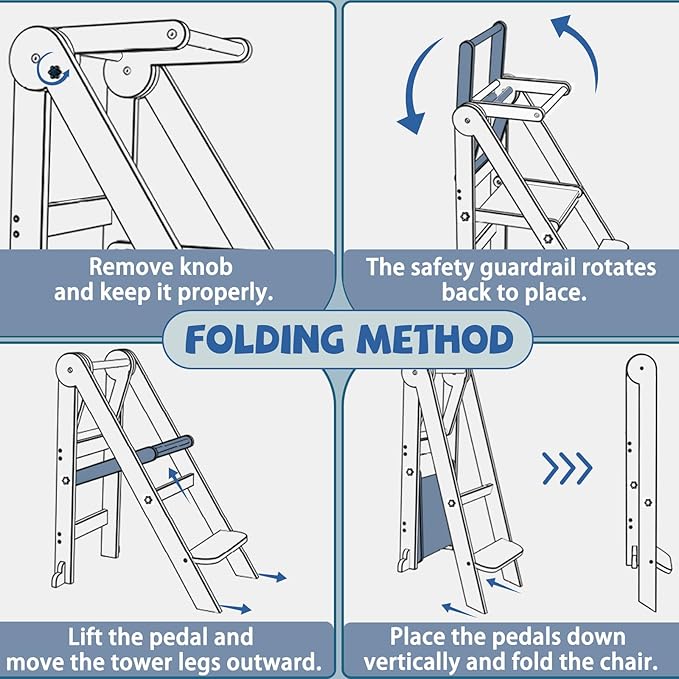 Foldable Toddler Kitchen Stool Helper with 3 Adjustable Heights,Aged 1-6 | CPSC Test,Wooden Collapsible Toddler Tower with Safety Rails&Feet,Wide Pedal,for Kitchen Cooking, Baking or Washing Hands - Image 6