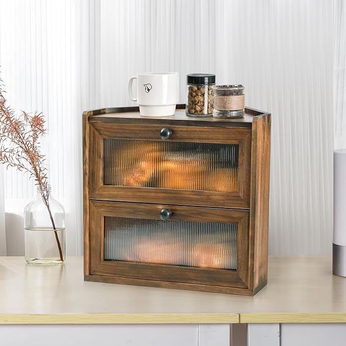Sunhoo Bread Box for Kitchen Countertop Corner Large Wooden Bread Bin 2 Tier Rustic Food Storage Container with Acrylic Window Farmhouse Keeper Shelf Organizer for Loaves Pastries & Snacks (Brown) - Image 7