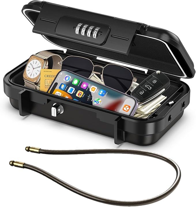 LOFICOPER Portable Safe Lock Box, 4 Digit Security Case, Beach Safe Box with Removable Chain, Waterproof Design, for Sports, Beach, Travel, Black by LOFICOPER
