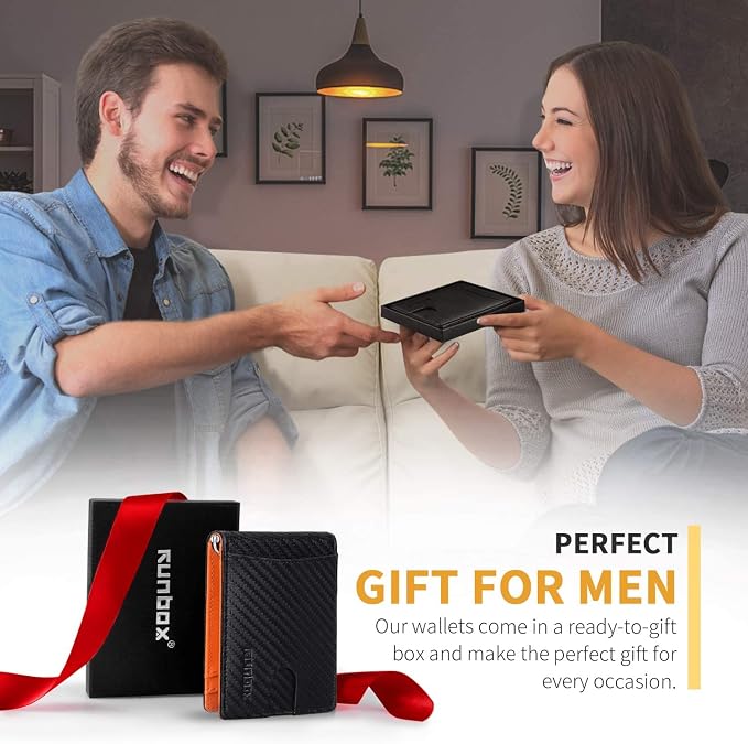 RUNBOX Slim Wallets for Men with RFID Blocking & Minimalist Mens Front Pocket Wallet Leather Black&inner Orange - Image 2