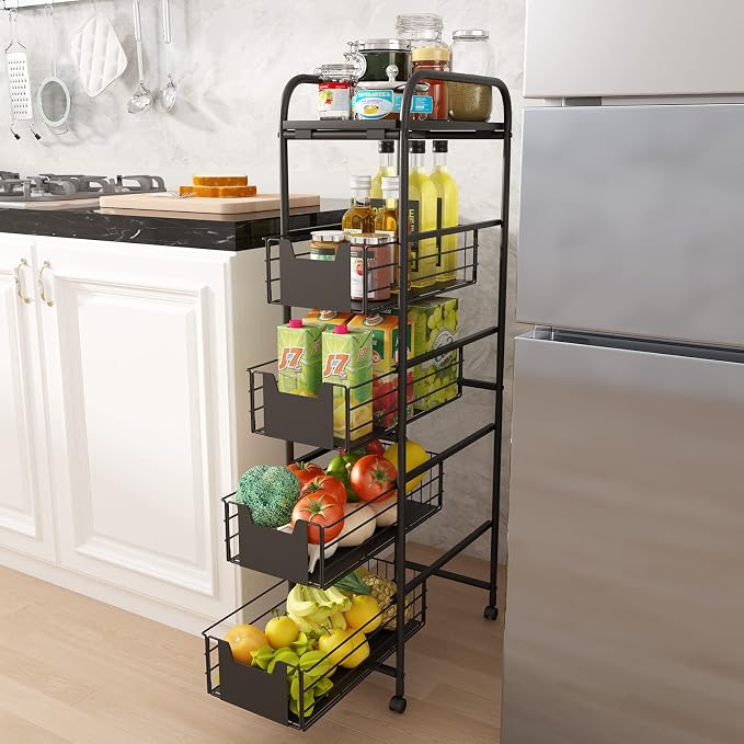 WHIFEA 5 Tier Slim Rolling Cart with Pull-Out Drawers, Multi-Layer Narrow Storage Shelf Organizer on Wheels, Metal Wire Baskets for Fruit, Dishes, Freestanding Unit for Kitchen, Bathroom, Home Office - Image 2