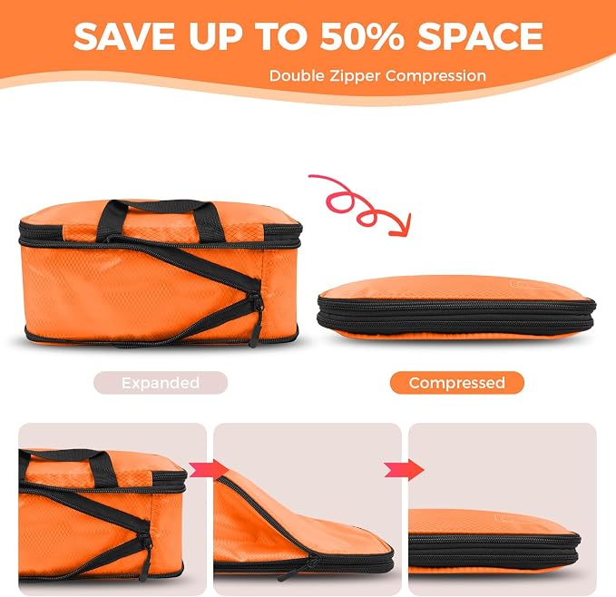 8-Piece Compression Packing Cubes for Travel, Keep Space Saving and Tidy | Bright & Lightweight Luggage Organizer for Outdoor Travel & Adventure, Space Save for Backpack, Duffel Bag & Suitcase- Orange - Image 3
