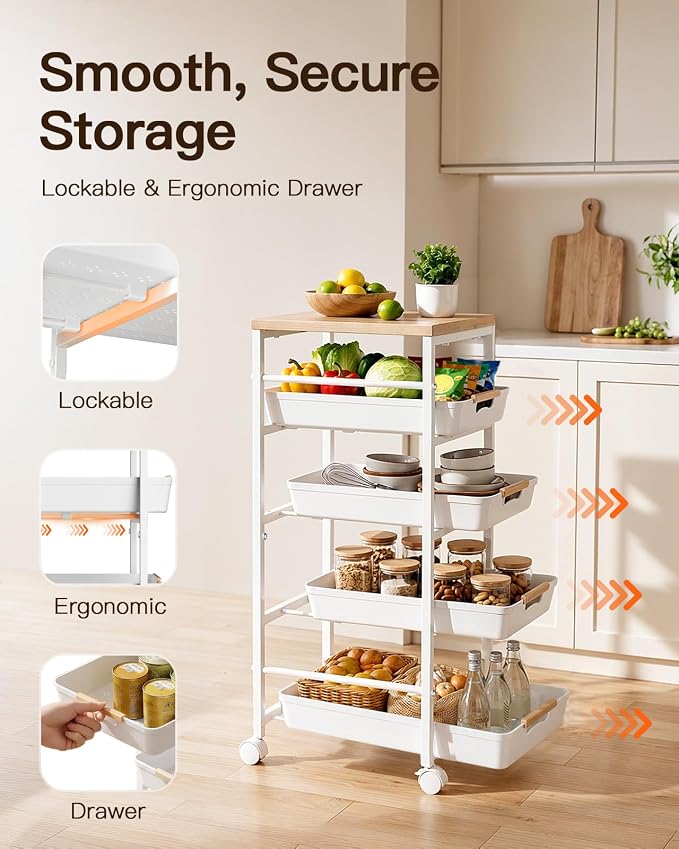 Pipishell Rolling Storage Cart with Drawers & Lockable Wheels, White | 5 Tier Kitchen Cart with Safety Stops & Vented Design, Wood Top, Pull-Out Utility Cart for Kitchen, Home Office, Bedside - Image 2