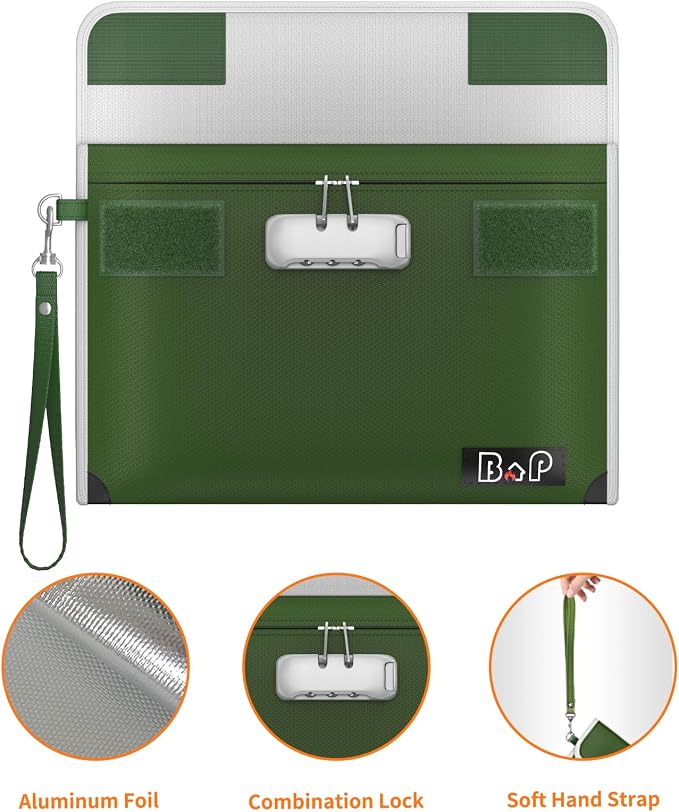 BALAPERI Fireproof Document Bag with Lock - 5200°F Heat Insulated, Waterproof Fireproof Money Bag with Zipper for A5 Size Documents/Cash/Valuables/Passport, 11"x7.7" (Olive Drab) - Image 4