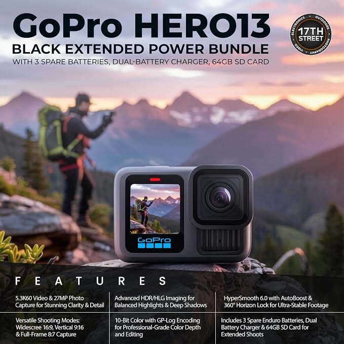 GoPro HERO13 Black Camera with 3 Enduro Batteries | Waterproof 5.3K60 Action Camera with Dual-Battery Charger & SanDisk 64GB Extreme SD Card | Head Strap 2.0 and Handler Floating Handgrip, Bundle Kit - Image 3