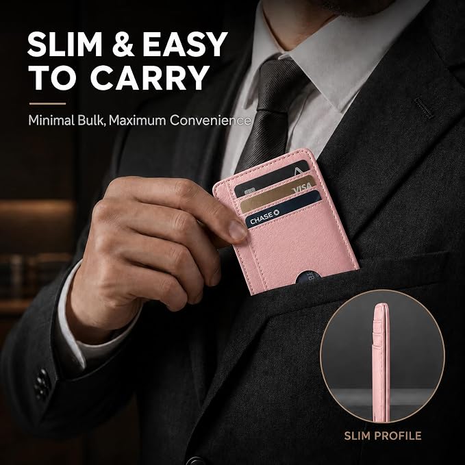 Slim Minimalist Front Pocket RFID Blocking Leather Credit Card Holder, Small Compact Wallet with ID Window for Men and Women (Pink) - Image 3