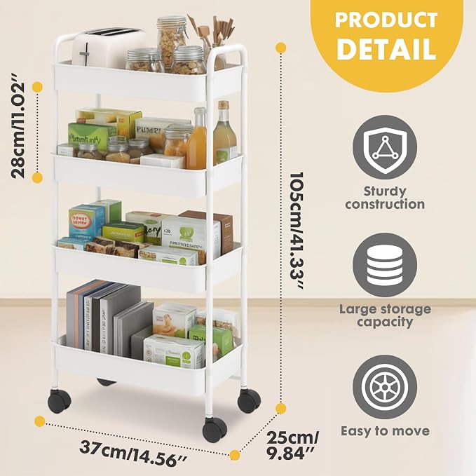 ShellKingdom 4 Tier Bathroom Storage Organizer, Slim Rolling Storage Cart | Storage Shelf for Narrow Space with Handle, Mobile Shelving Unit for Bathroom, Kitchen, Laundry (White) - Image 6