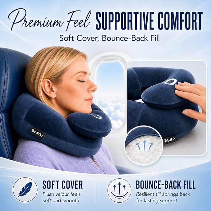 BCOZZY Flat Back Travel Neck Pillow – Patented Neck Pain Relief & Support for Head, Neck, and Chin. Ideal for Airplanes, Long Flights, Car Rides. Adjustable, Washable, with Carry Bag. Large, Navy - Image 6