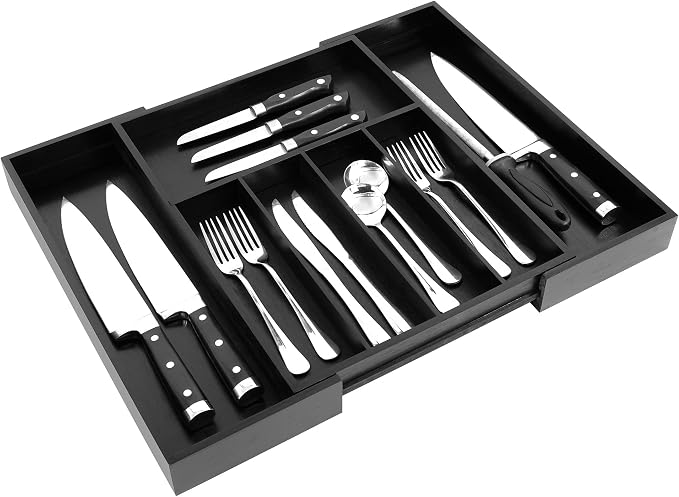 VaeFae Bamboo Drawer Organizer, Large, Black | Cutlery Drawer Holder, Drawer Divider for Silverware, Flatware，43 cm D x 32-55 cm W, 5-7 Slots, Black - Image 2