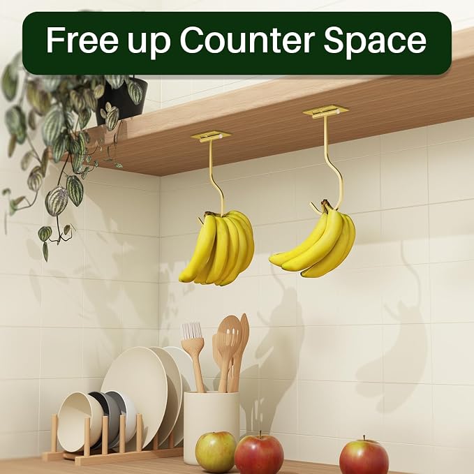 bussdis Adhesive Banana Hook Under Cabinet: 2-Pack Foldable Metal Banana Hanger, Space-Saving Under Counter Banana Holder for Kitchen & RV, Gold | Foldable Banana Hanger, Metal Banana Holder, Hold 20 Bananas, Space-Saving Design, Folding with Magnets W... - Image 4
