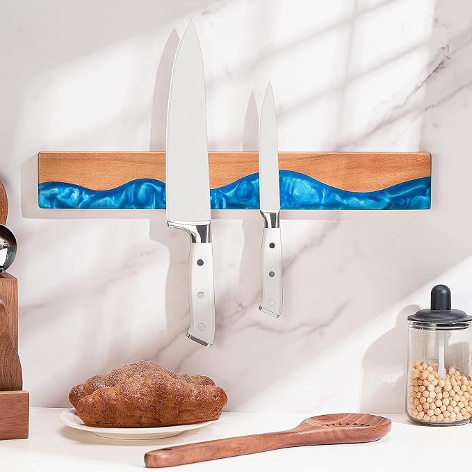 16 Inch Magnetic Knife Holder for Wall, Acacia Wood & Blue Resin Magnetic Knife Strip, Powerful No-Drill Adhesive or Screws Mount, Kitchen Knife Bar Storage Rack ("Ocean" Blue Resin) - Image 3
