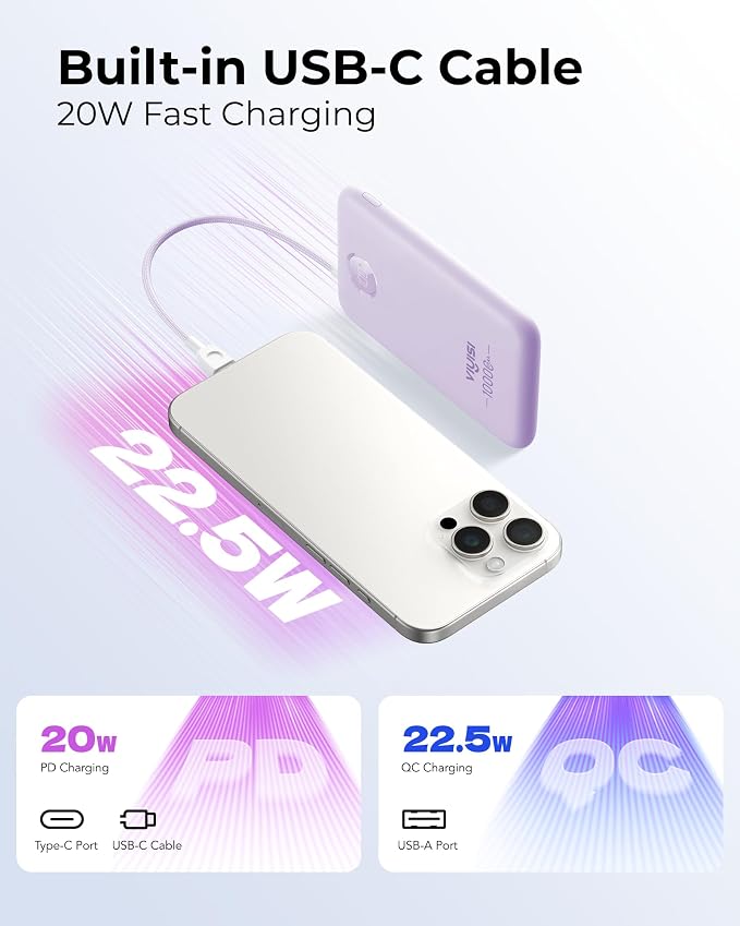 VIYISI 0.58” Slim Portable Charger Small 10000mAh with Built-in USB C Cable | 20W Compact Power Bank Fast Charging Battery Pack Stylish Travel Essential for iPhone 17 16 15 Samsung S25 A16 Android-Purple - Image 3