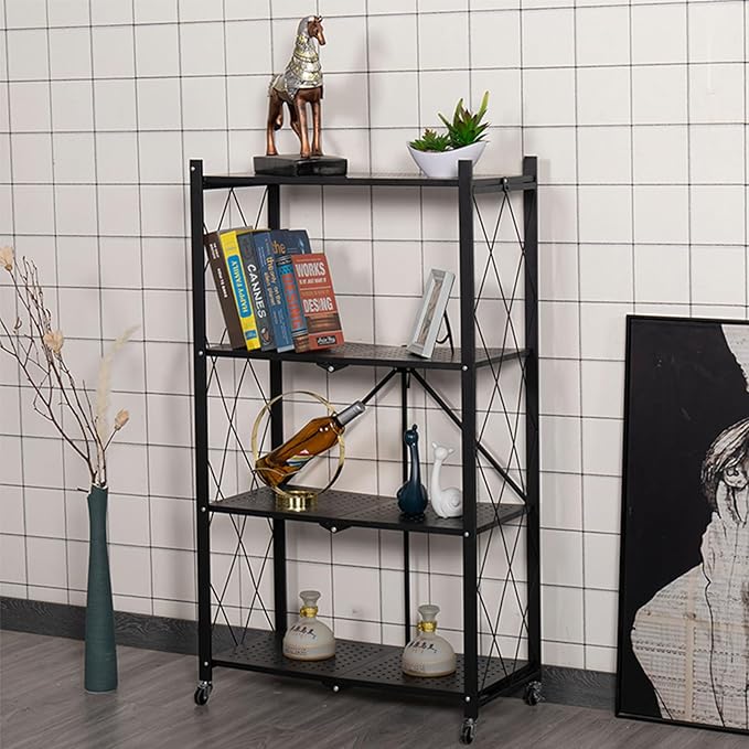 Life Hacks 2pcs 4-Tier Foldable Shelves for Storage, No Assembly Required, Folding Shelf Unit Pantry Shelves with Wheels, Metal Shelving Storage Rack Shelf for Kitchen Garage Home - Image 2
