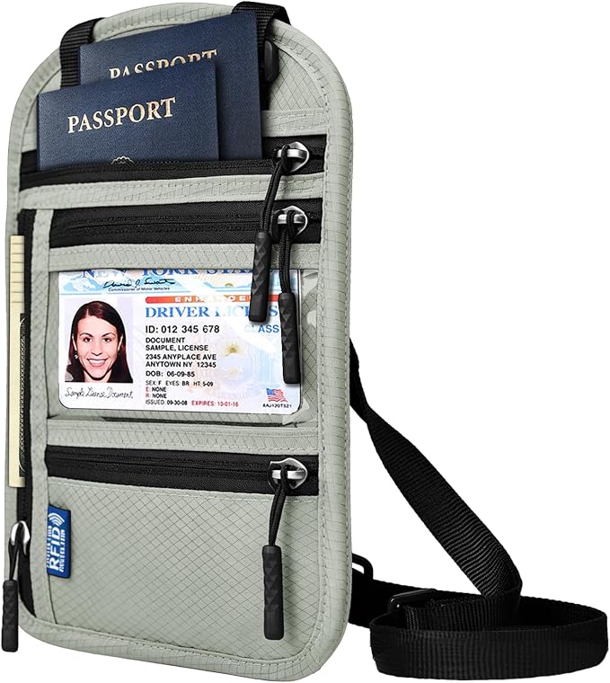 RFID Blocking Travel Neck Wallet–Hidden Passport Holder & Anti-Theft Money Pouch for Men & Women, Lightweight Concealed Travel Organizer with Adjustable Strap Secure Document (Grey Green) by Vastsky
