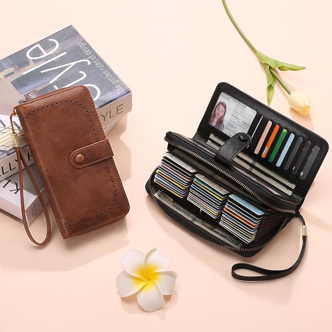 GAEKEAO Leather Credit Card Holder Wallet for Women RFID Blocking Large Capacity Bifold Zipper Card Case Organizer with Wristlet 45 Slots - Image 6