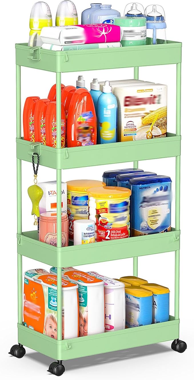 SPACEKEEPER 4 Tier Rolling Cart, Bathroom Cart Organizer with Wheels, Green | Mobile Storage Cart for Laundry Room Organization,Kitchen,Office,Bathroom, Utility Cart for Snack,Craft,Art,Makeup,Nail,Toys by SPACEKEEPER