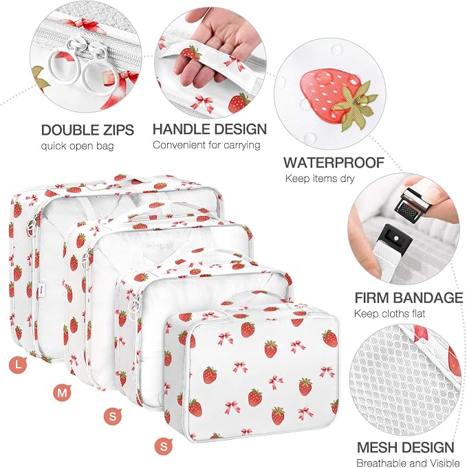 8 Set Packing Cubes for Suitcases,Packing Cube with Shoe, Cosmetics, Clothing, and Accessories Bags Packing Cubes for Travel Luggage Organizer Women Men(Strawberry Bows) - Image 3