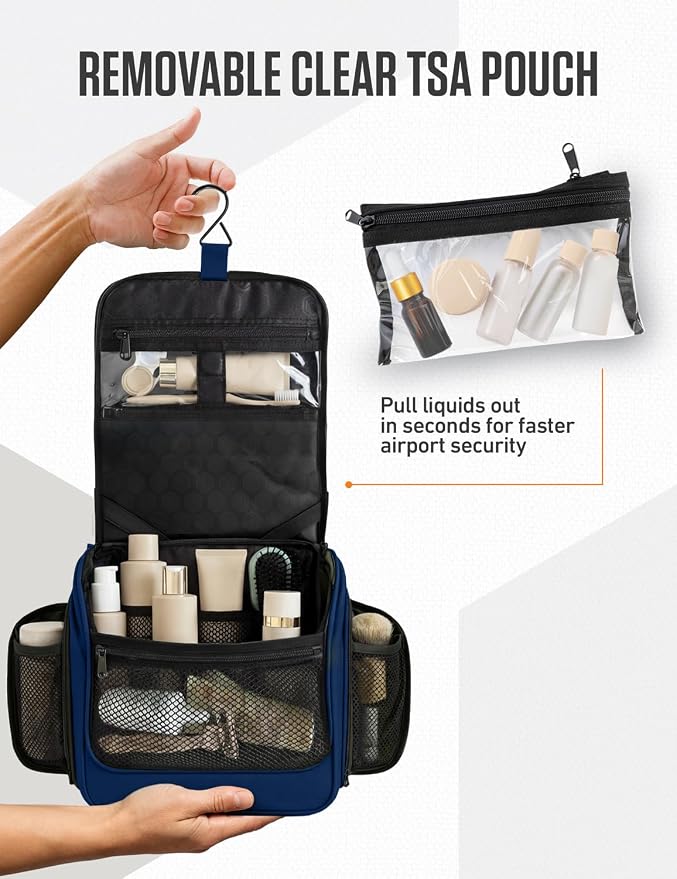 VENTURE 4TH Hanging Travel Toiletry Bag, 18 Compartments - Navy Blue | Hangs on rails, hooks or doors; stands upright. Removable TSA pouch. Water-resistant Nylon 290D Twill, reinforced stitching. - Image 9