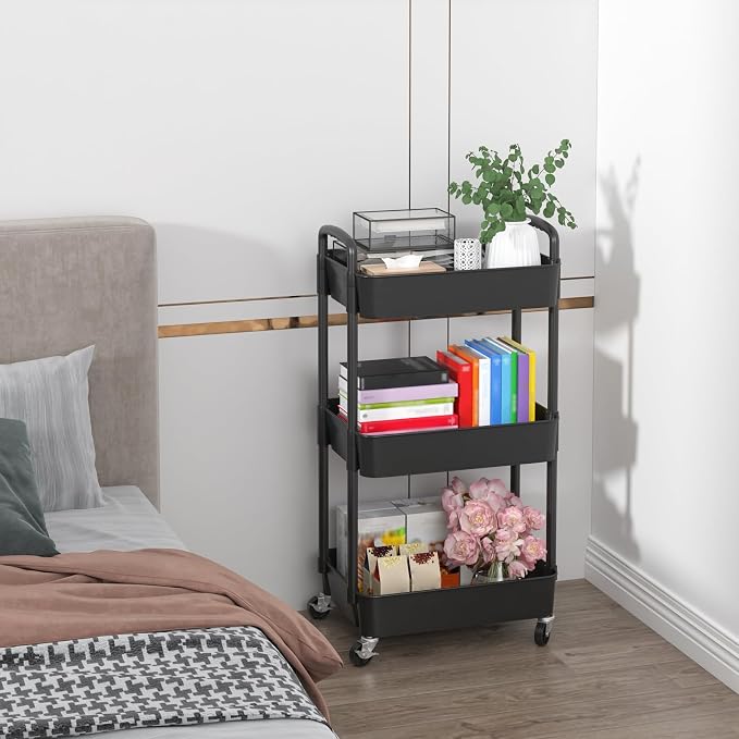 Sywhitta 3-Tier Plastic Rolling Utility Cart with Wheels for Storage,Black | Multi-Functional Storage Trolley, for Office, Living Room, Kitchen, Bathroom,Movable Organizer,Space-Saving,Easy to assemble - Image 6