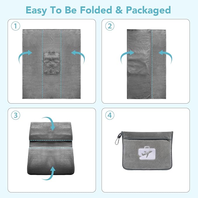 Travel Pillow and Blanket 2-in-1 Airplane Pillow Grey 60x50 Inch | Plane Packable, Airplane Travel Essentials, Soft Warm Lightweight Flannel Blanket Compo, Hand Luggage Sleeve&Backpack Clip - Image 8